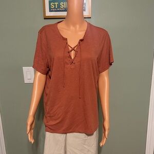 Maurices Terracotta Lace-Up Short Sleeve Top
